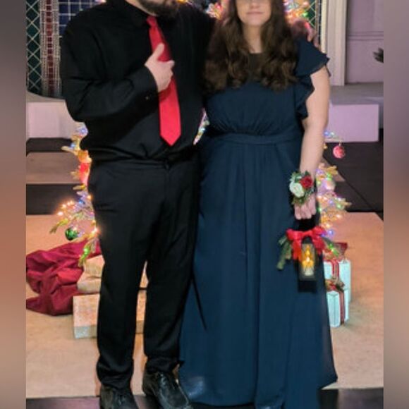 Azazie Blue Dress Maxi Scoop Neck Sheer Flutter Short Sleeve Maxi Dress Wedding - Picture 16 of 17